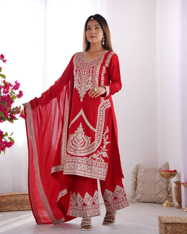 Red Elegant Vichitra Silk Embroidered Kurta Set ClothsVilla