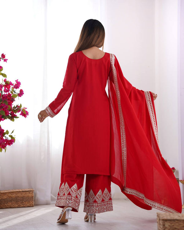 Red Elegant Vichitra Silk Embroidered Kurta Set ClothsVilla