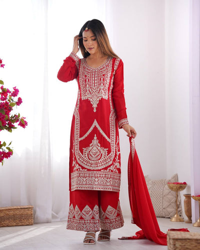 Red Elegant Vichitra Silk Embroidered Kurta Set ClothsVilla