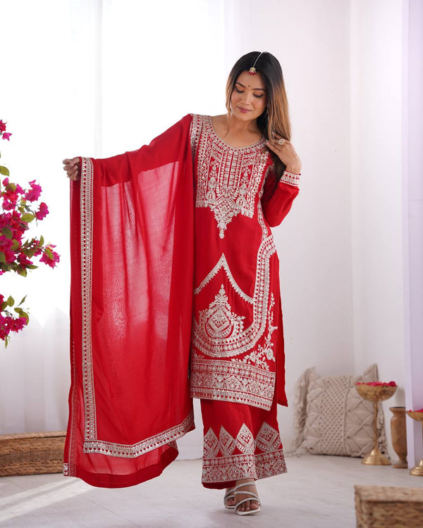 Red Elegant Vichitra Silk Embroidered Kurta Set ClothsVilla