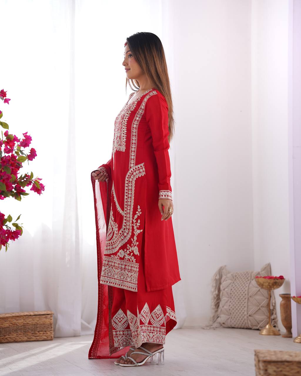 Red Elegant Vichitra Silk Embroidered Kurta Set ClothsVilla