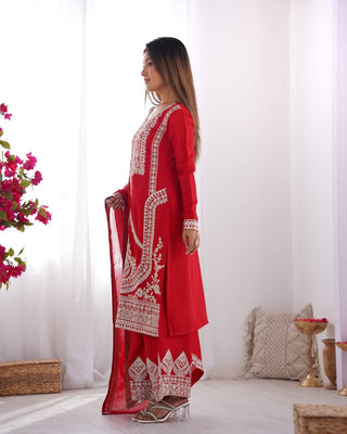 Red Elegant Vichitra Silk Embroidered Kurta Set ClothsVilla
