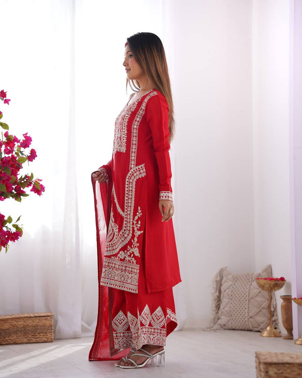 Red Elegant Vichitra Silk Embroidered Kurta Set ClothsVilla