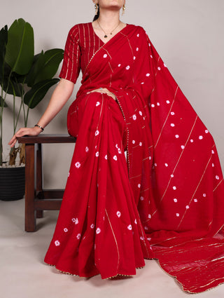Red Elegant Viscose Chanderi Saree with Sequins, Zari Line, and Gota Patti Lace Border