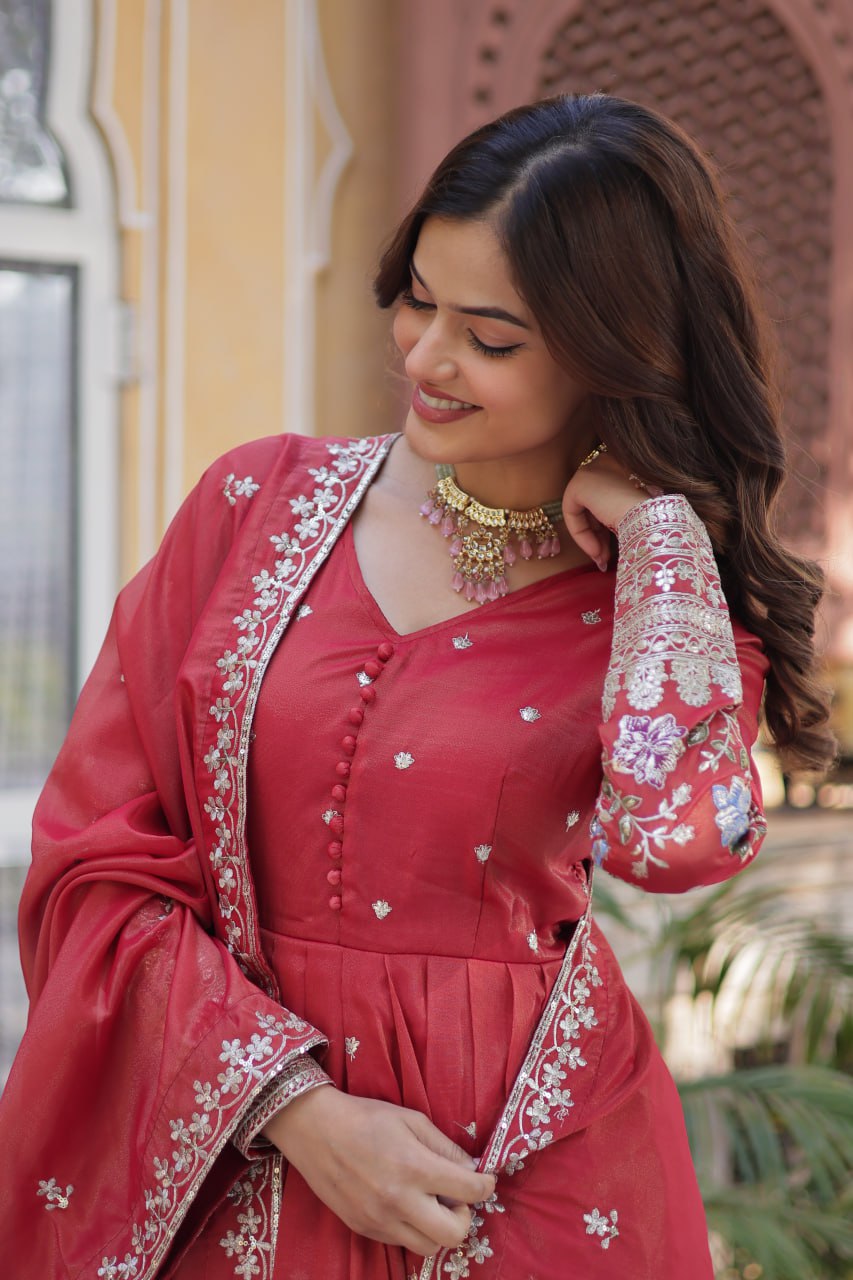 Red Elegant Viscose Cosmos Embroidered Anarkali Set with Dupatta ClothsVilla