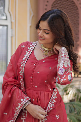 Red Elegant Viscose Cosmos Embroidered Anarkali Set with Dupatta ClothsVilla