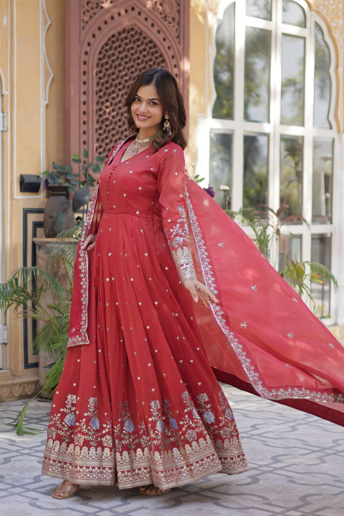 Red Elegant Viscose Cosmos Embroidered Anarkali Set with Dupatta ClothsVilla