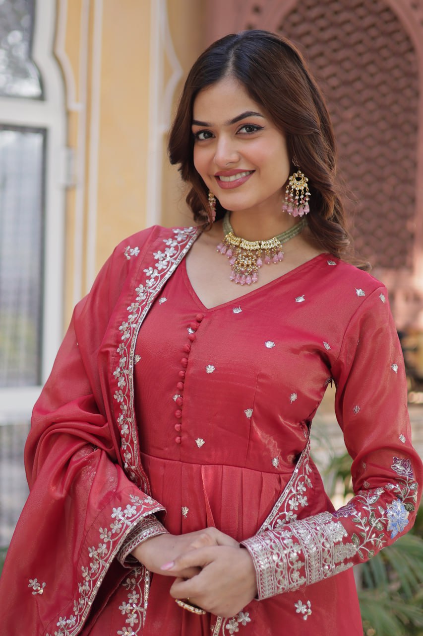 Red Elegant Viscose Cosmos Embroidered Anarkali Set with Dupatta ClothsVilla