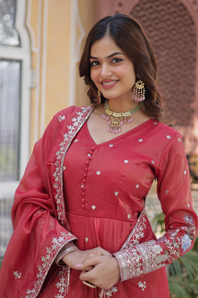 Red Elegant Viscose Cosmos Embroidered Anarkali Set with Dupatta ClothsVilla