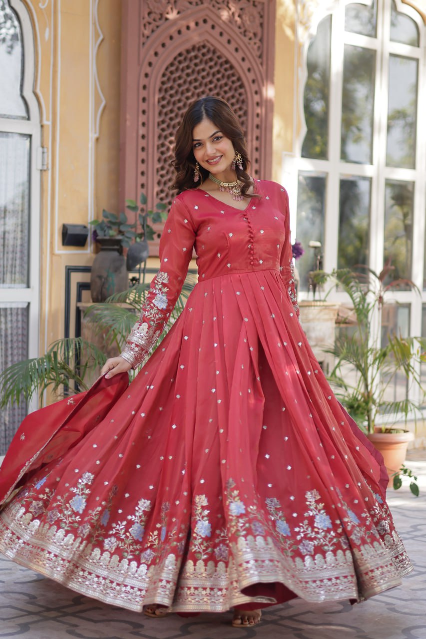 Red Elegant Viscose Cosmos Embroidered Anarkali Set with Dupatta ClothsVilla