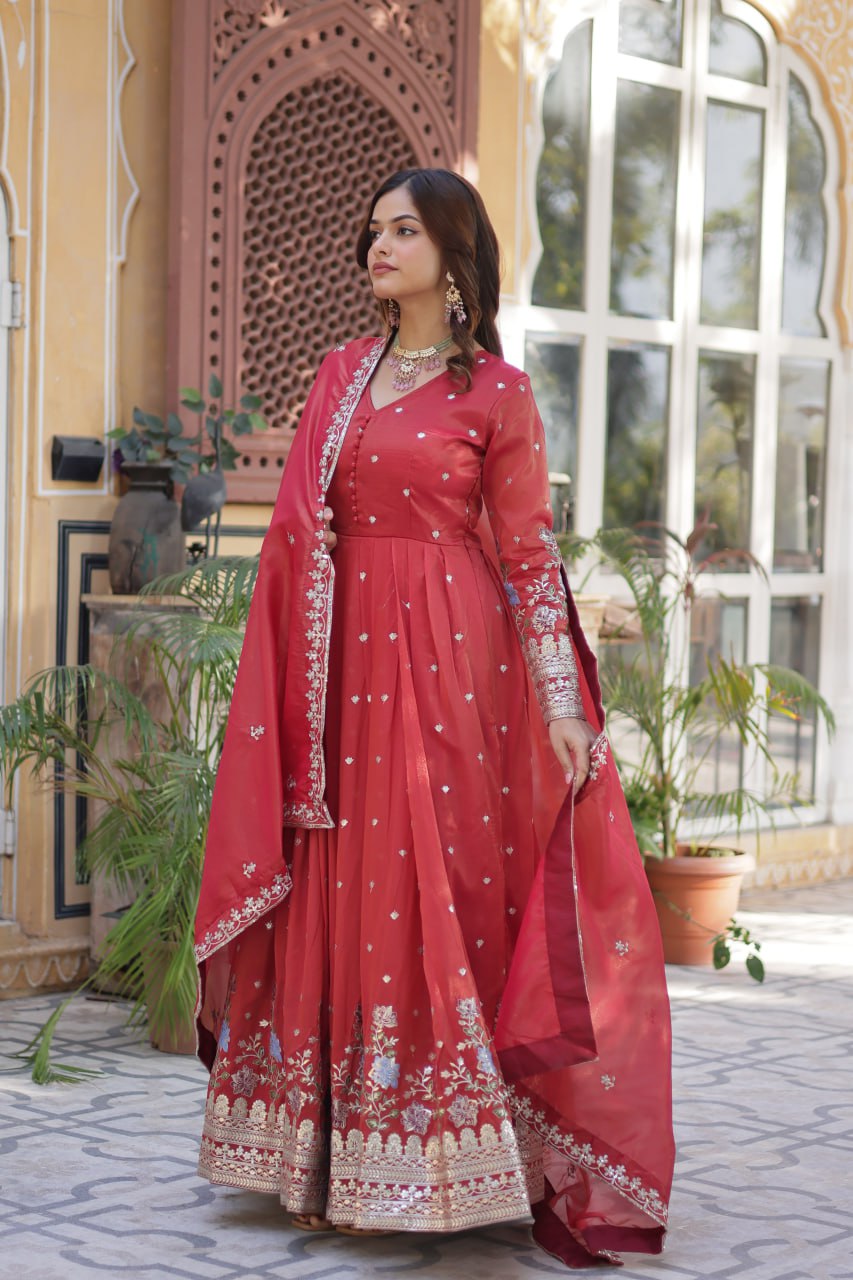 Red Elegant Viscose Cosmos Embroidered Anarkali Set with Dupatta ClothsVilla