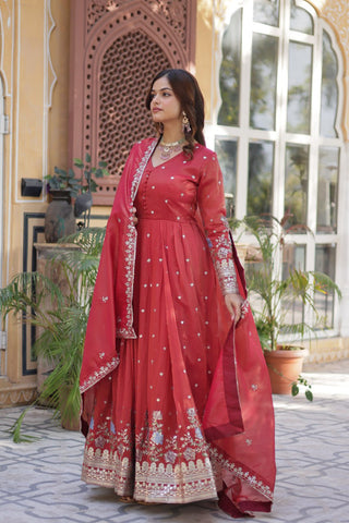 Red Elegant Viscose Cosmos Embroidered Anarkali Set with Dupatta ClothsVilla