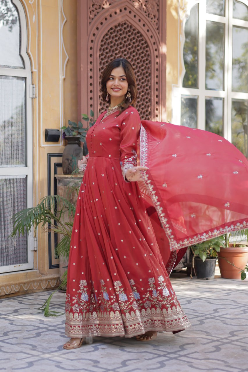 Red Elegant Viscose Cosmos Embroidered Anarkali Set with Dupatta ClothsVilla