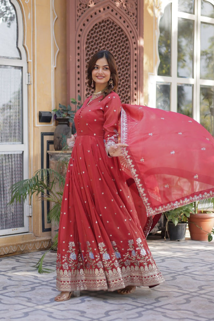 Red Elegant Viscose Cosmos Embroidered Anarkali Set with Dupatta ClothsVilla