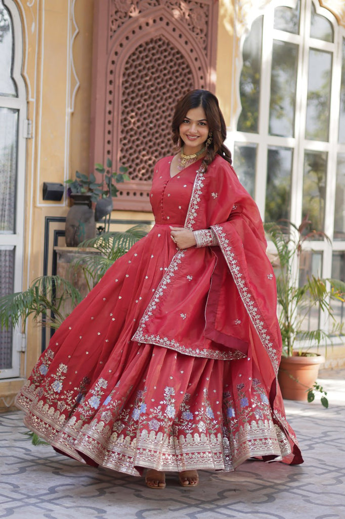 Red Elegant Viscose Cosmos Embroidered Anarkali Set with Dupatta ClothsVilla