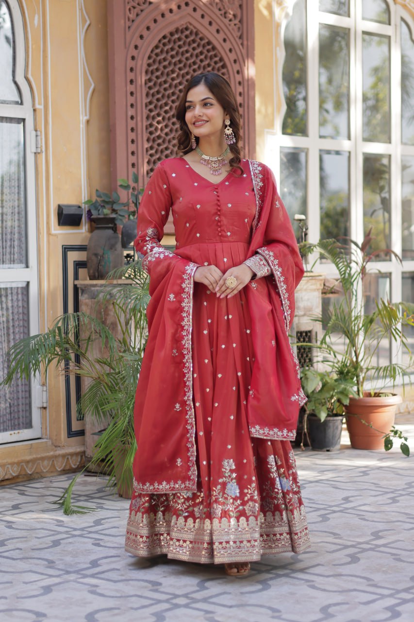 Red Elegant Viscose Cosmos Embroidered Anarkali Set with Dupatta ClothsVilla