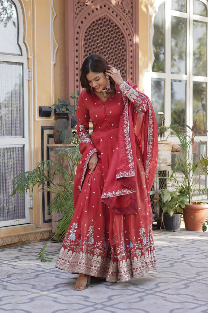 Red Elegant Viscose Cosmos Embroidered Anarkali Set with Dupatta ClothsVilla