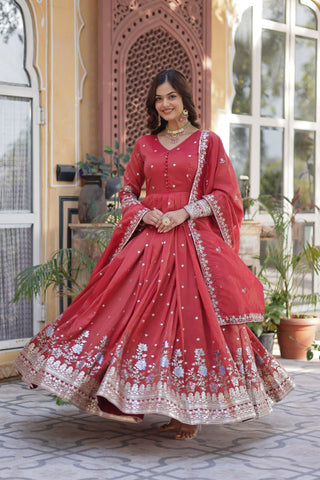 Red Elegant Viscose Cosmos Embroidered Anarkali Set with Dupatta ClothsVilla
