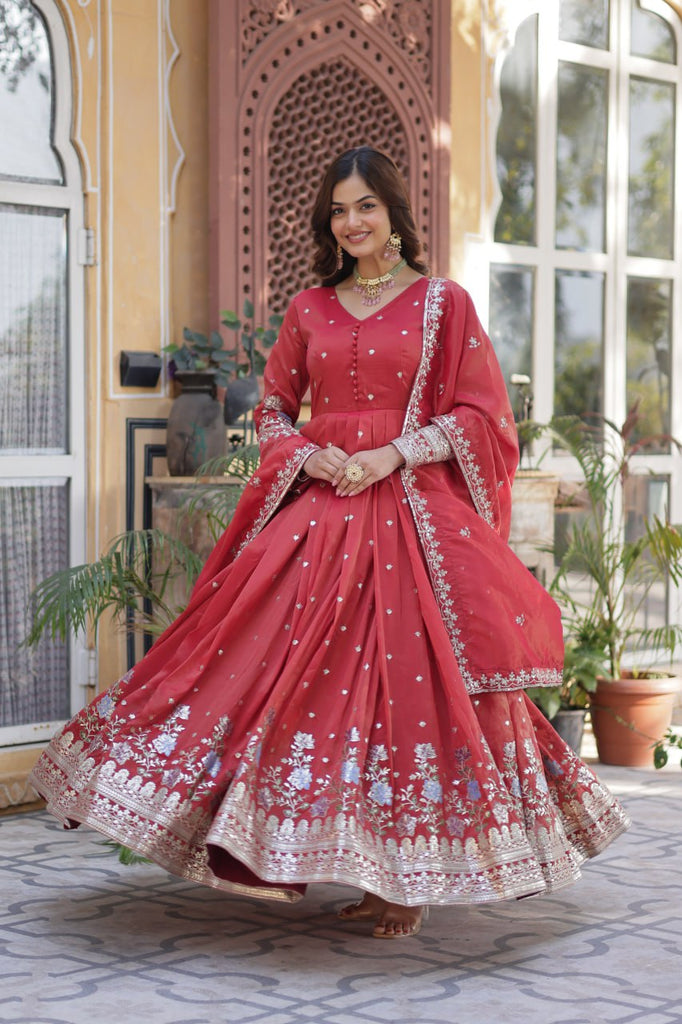 Red Elegant Viscose Cosmos Embroidered Anarkali Set with Dup Red Elegant Viscose Cosmos Embroidered Anarkali Set with Dup