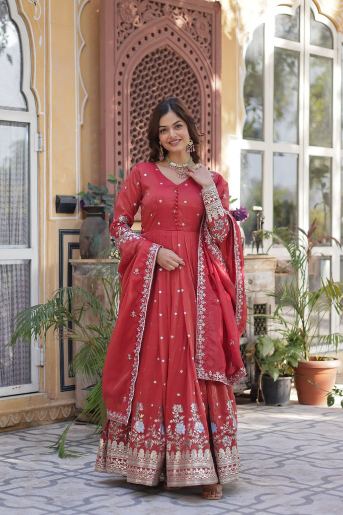 Red Elegant Viscose Cosmos Embroidered Anarkali Set with Dupatta ClothsVilla