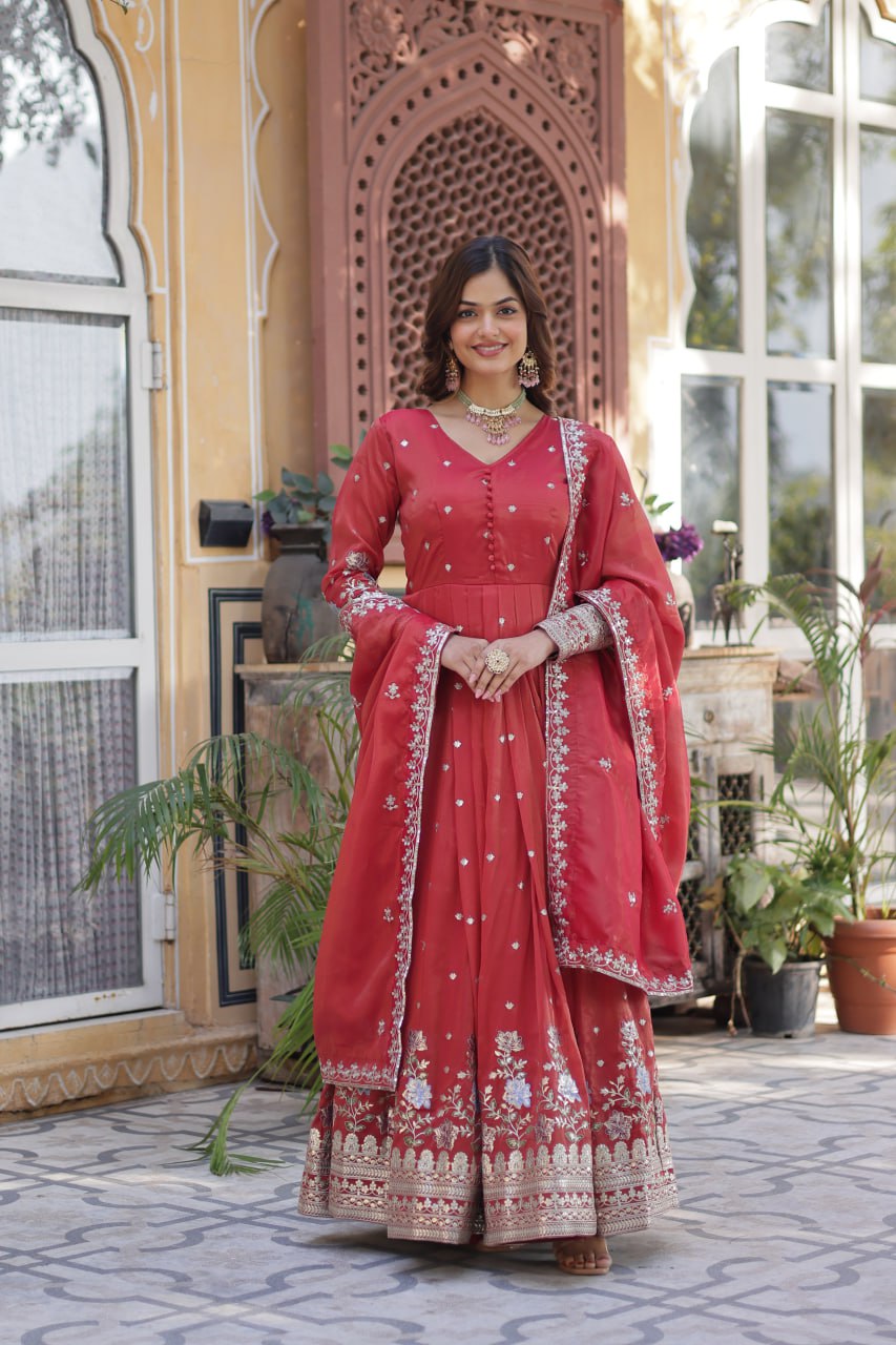 Red Elegant Viscose Cosmos Embroidered Anarkali Set with Dupatta ClothsVilla Main image