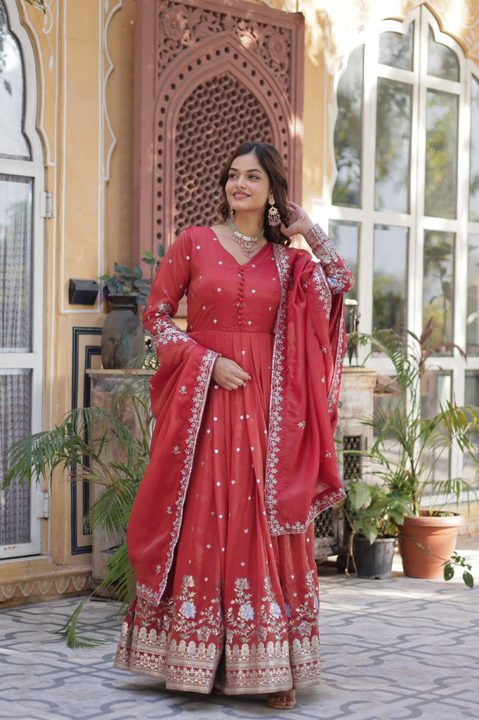 Red Elegant Viscose Cosmos Embroidered Anarkali Set with Dupatta ClothsVilla