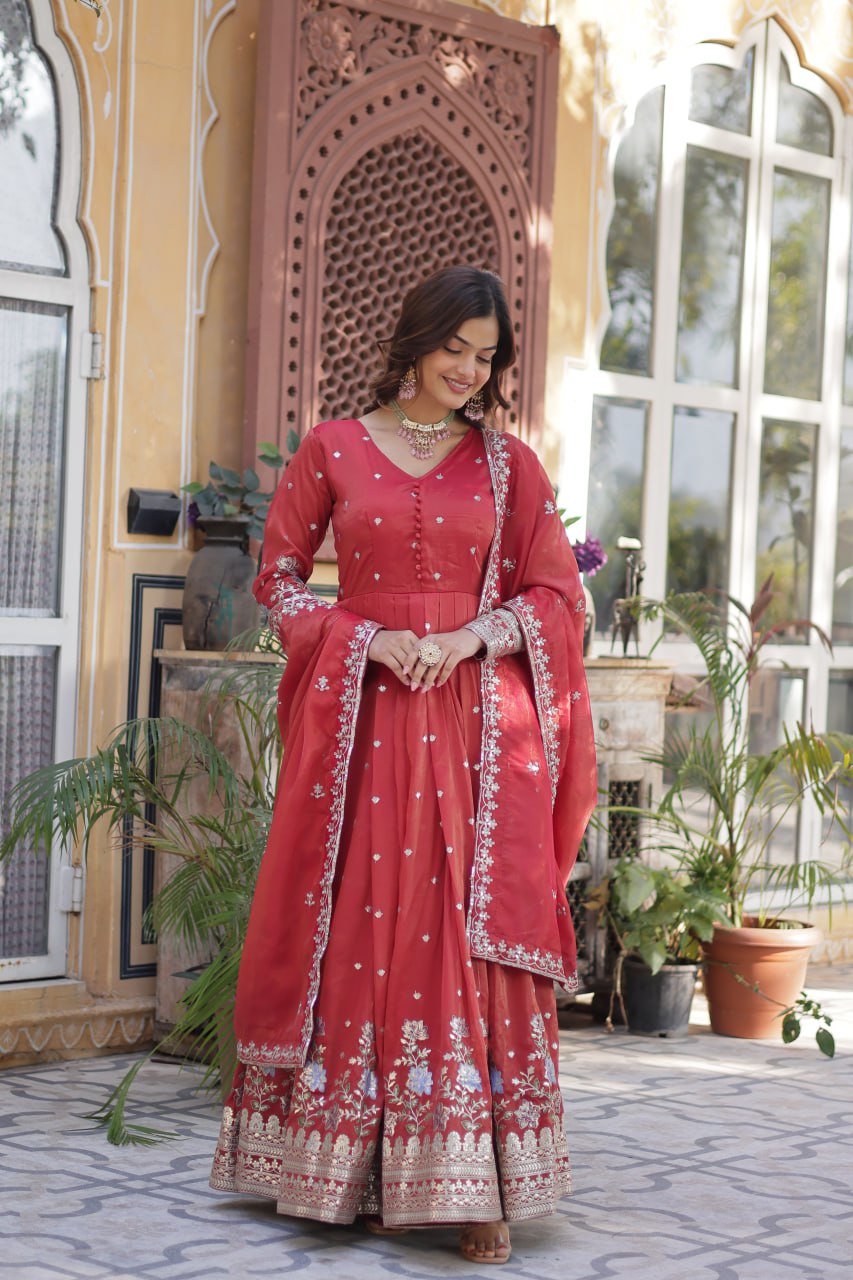 Red Elegant Viscose Cosmos Embroidered Anarkali Set with Dupatta ClothsVilla