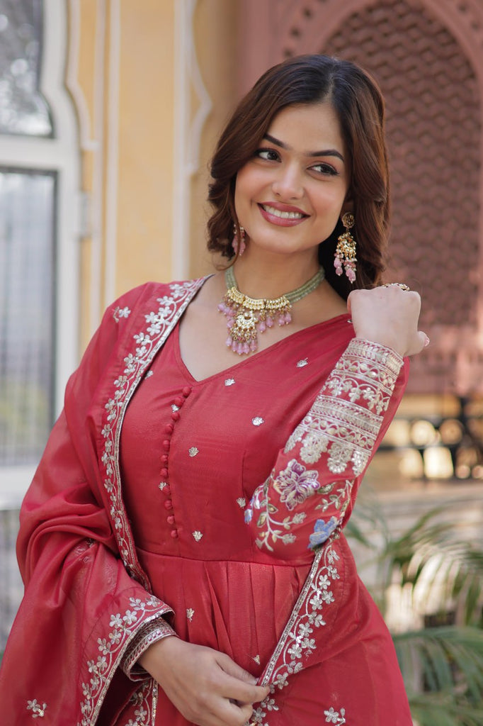 Red Elegant Viscose Cosmos Embroidered Anarkali Set with Dupatta ClothsVilla