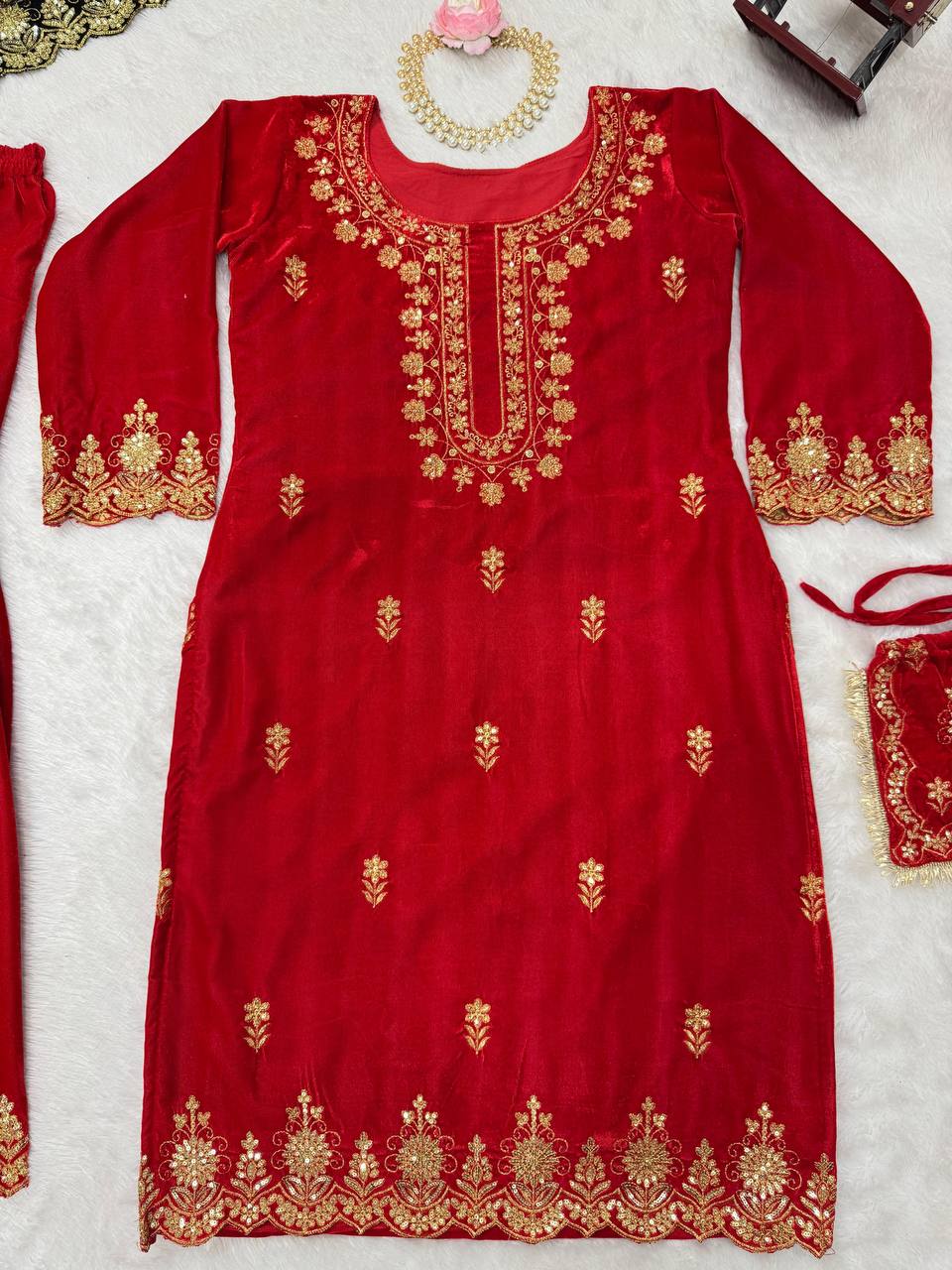 Red Elegant Viscose Velvet Embroidered Sharara Set ClothsVilla