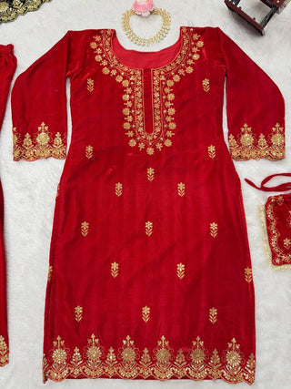 Red Elegant Viscose Velvet Embroidered Sharara Set ClothsVilla