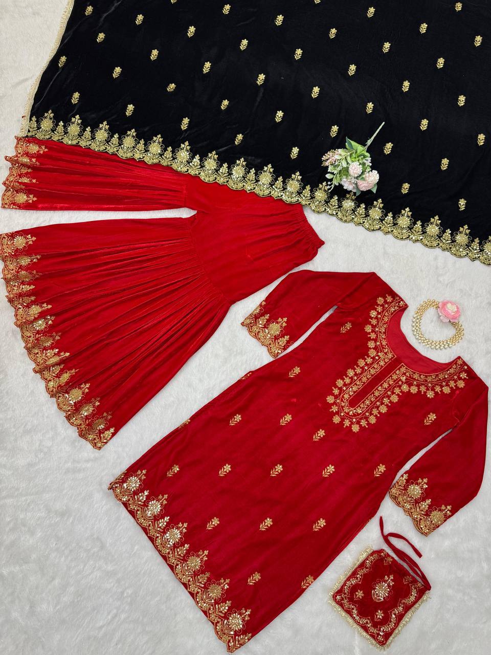 Red Elegant Viscose Velvet Embroidered Sharara Set ClothsVilla