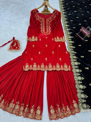 Red Elegant Viscose Velvet Embroidered Sharara Set ClothsVilla