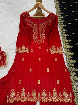 Red Elegant Viscose Velvet Embroidered Sharara Set ClothsVilla