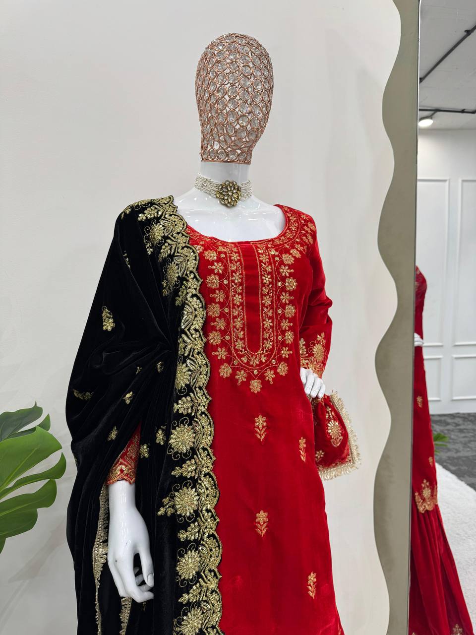 Red Elegant Viscose Velvet Embroidered Sharara Set ClothsVilla
