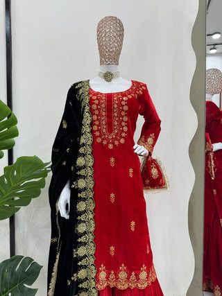 Red Elegant Viscose Velvet Embroidered Sharara Set ClothsVilla