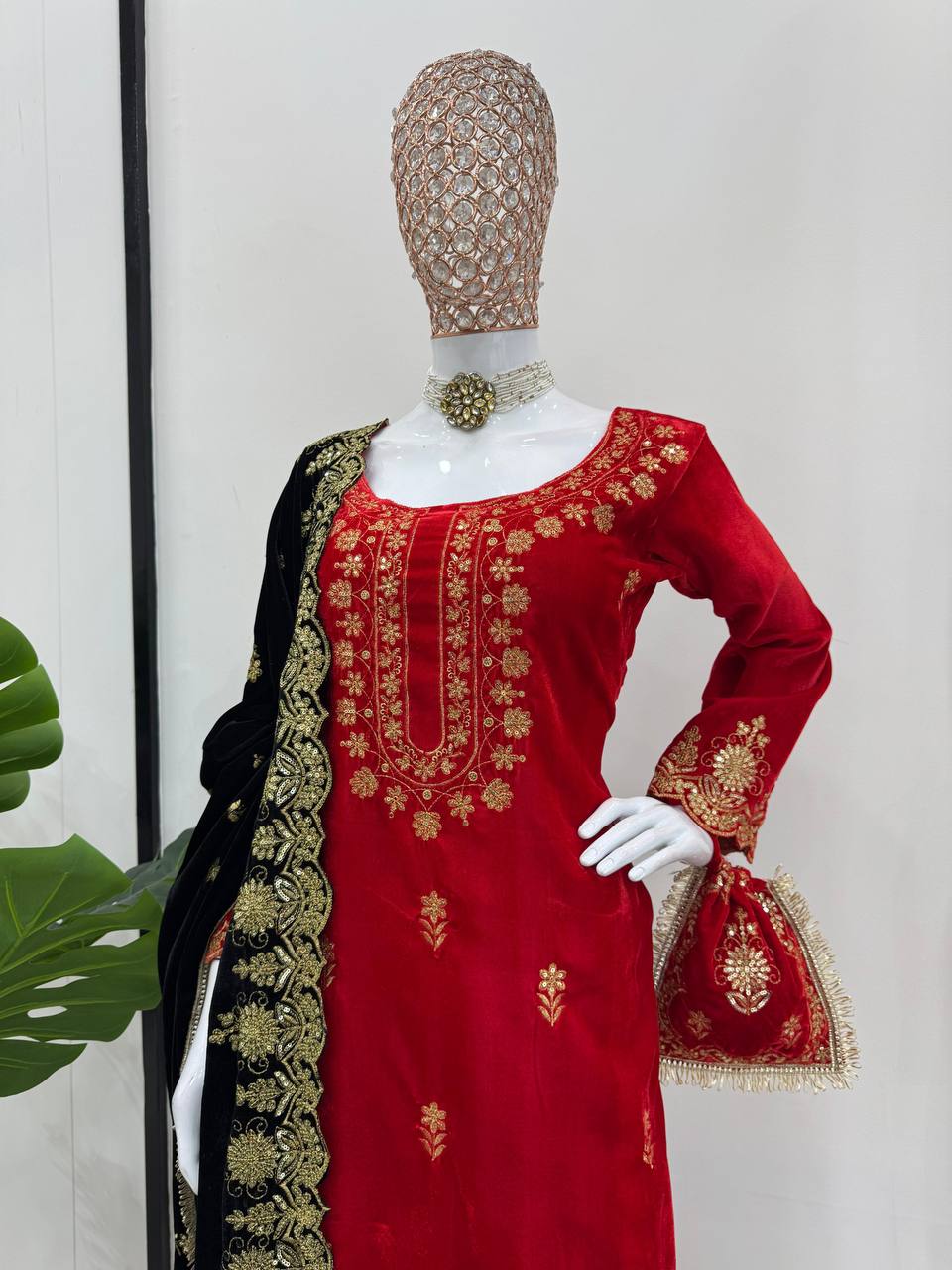 Red Elegant Viscose Velvet Embroidered Sharara Set ClothsVilla