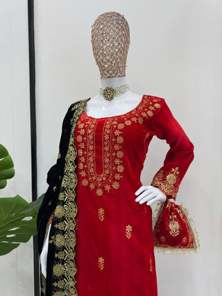 Red Elegant Viscose Velvet Embroidered Sharara Set ClothsVilla