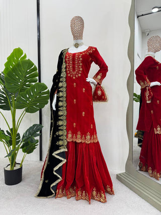 Red Elegant Viscose Velvet Embroidered Sharara Set ClothsVilla