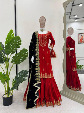 Red Elegant Viscose Velvet Embroidered Sharara Set ClothsVilla