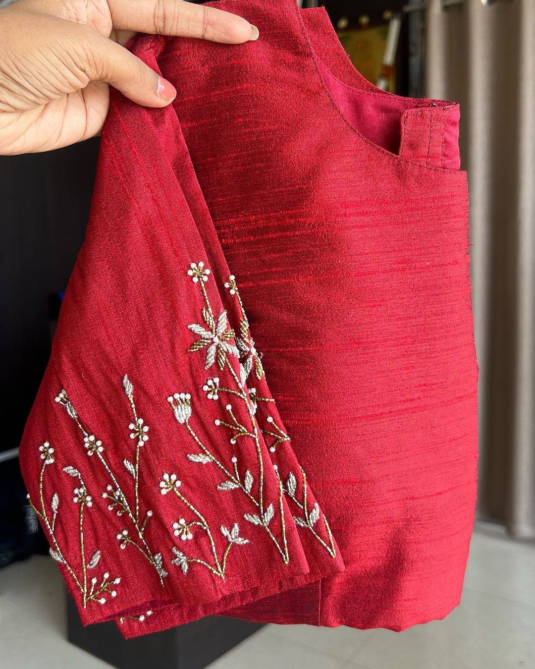 Red Elzara Silk Blouse with Beautiful Handwork on Sleeves ClothsVilla Main image