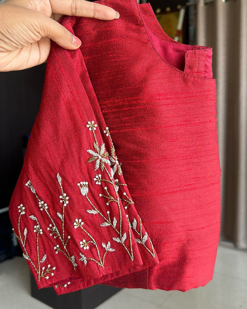 Red Elzara Silk Blouse with Beautiful Handwork on Sleeves ClothsVilla