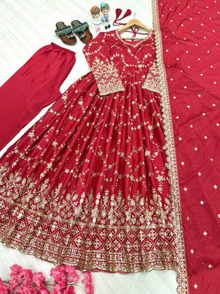 Red Embroidered Chinon Silk Anarkali Gown Set with Sequins, Mirror Work & Cutwork Dupatta – Fully Stitched ClothsVilla