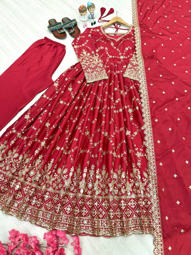 Red Embroidered Chinon Silk Anarkali Gown Set with Sequins, Mirror Work & Cutwork Dupatta – Fully Stitched ClothsVilla