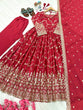Load image into Gallery viewer, Red Embroidered Chinon Silk Anarkali Gown Set with Sequins, Mirror Work &amp; Cutwork Dupatta – Fully Stitched ClothsVilla