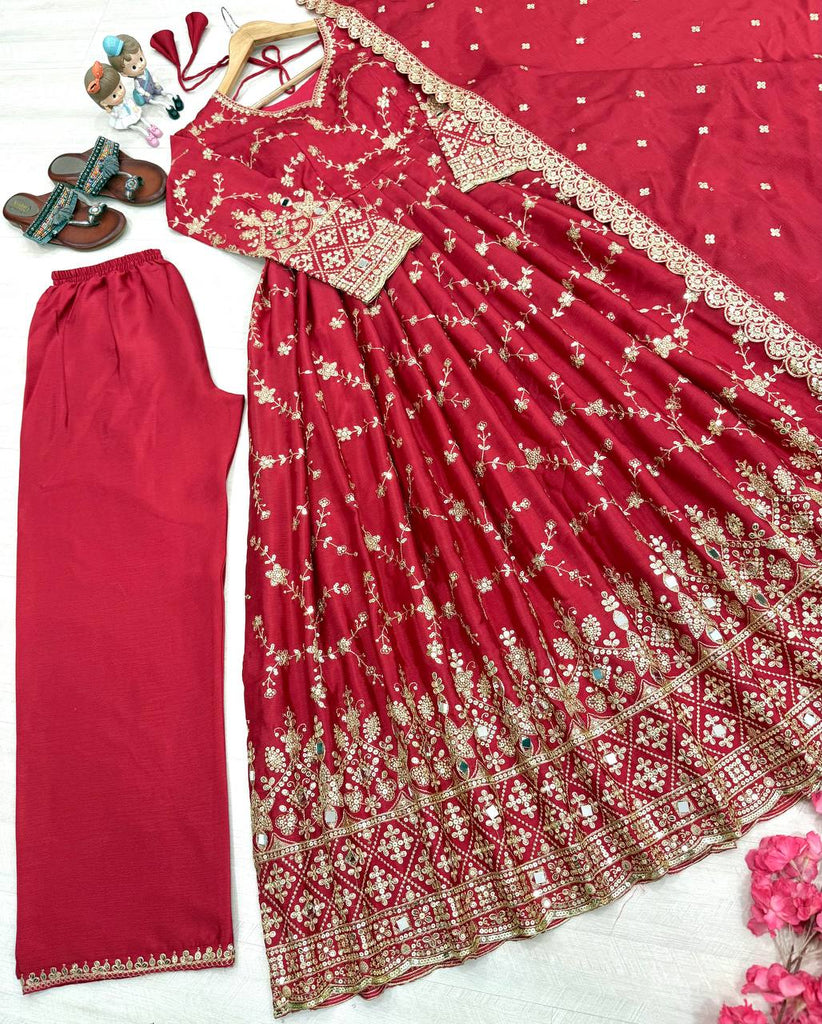 Red Embroidered Chinon Silk Anarkali Gown Set with Sequins, Mirror Work & Cutwork Dupatta – Fully Stitched ClothsVilla