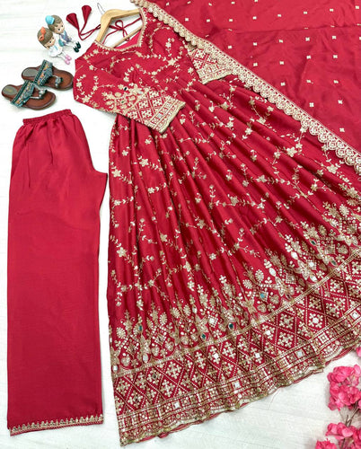 Red Embroidered Chinon Silk Anarkali Gown Set with Sequins, Mirror Work & Cutwork Dupatta – Fully Stitched ClothsVilla