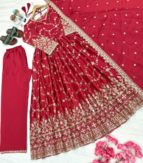Red Embroidered Chinon Silk Anarkali Gown Set with Sequins, Mirror Work & Cutwork Dupatta – Fully Stitched ClothsVilla Main image