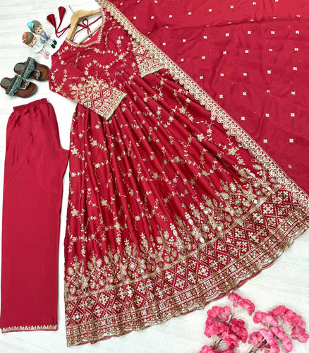 Red Embroidered Chinon Silk Anarkali Gown Set with Sequins, Mirror Work & Cutwork Dupatta – Fully Stitched ClothsVilla