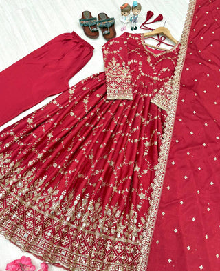 Red Embroidered Chinon Silk Anarkali Gown Set with Sequins, Mirror Work & Cutwork Dupatta – Fully Stitched ClothsVilla