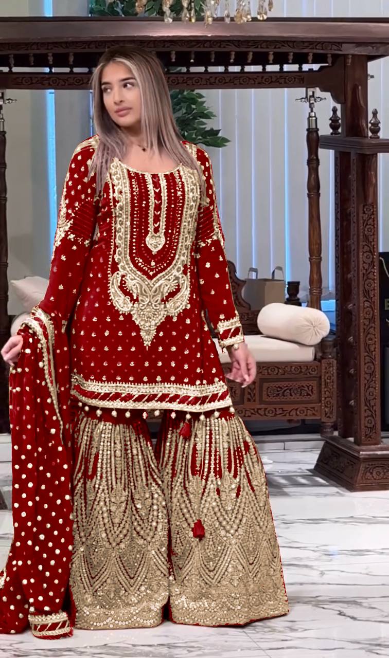 Red Embroidered Faux Georgette Plazzo Set with Sequins Work & Lace Dupatta ClothsVilla Main image